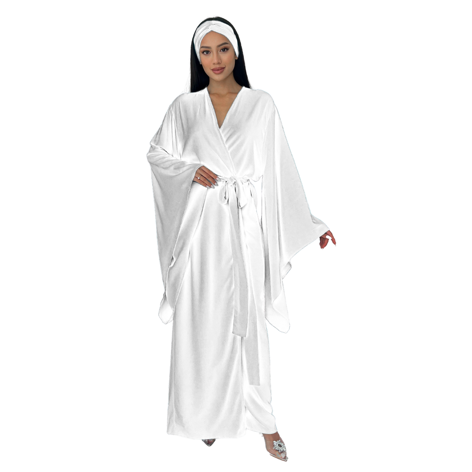 Kimono Viscose Long Robe in White with pockets and headband-1