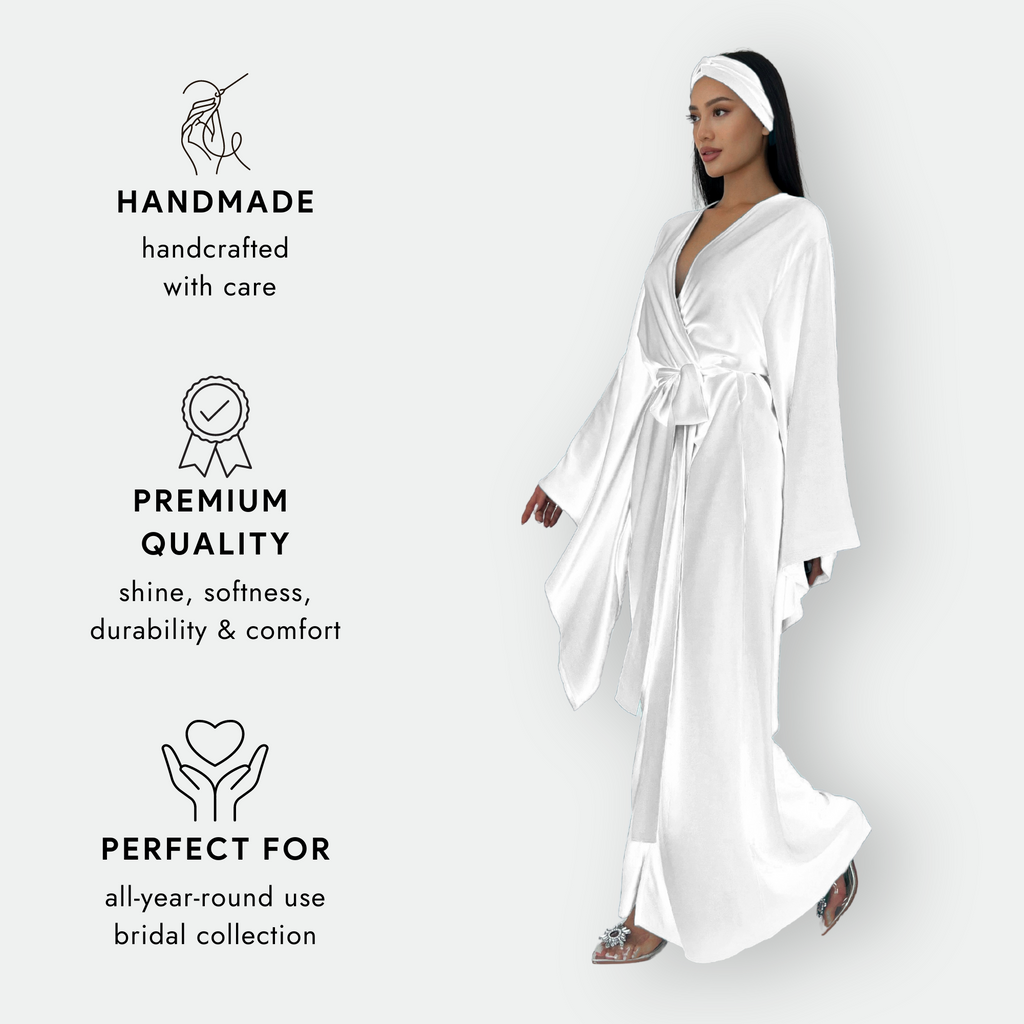 Kimono Viscose Long Robe in White with pockets and headband-2