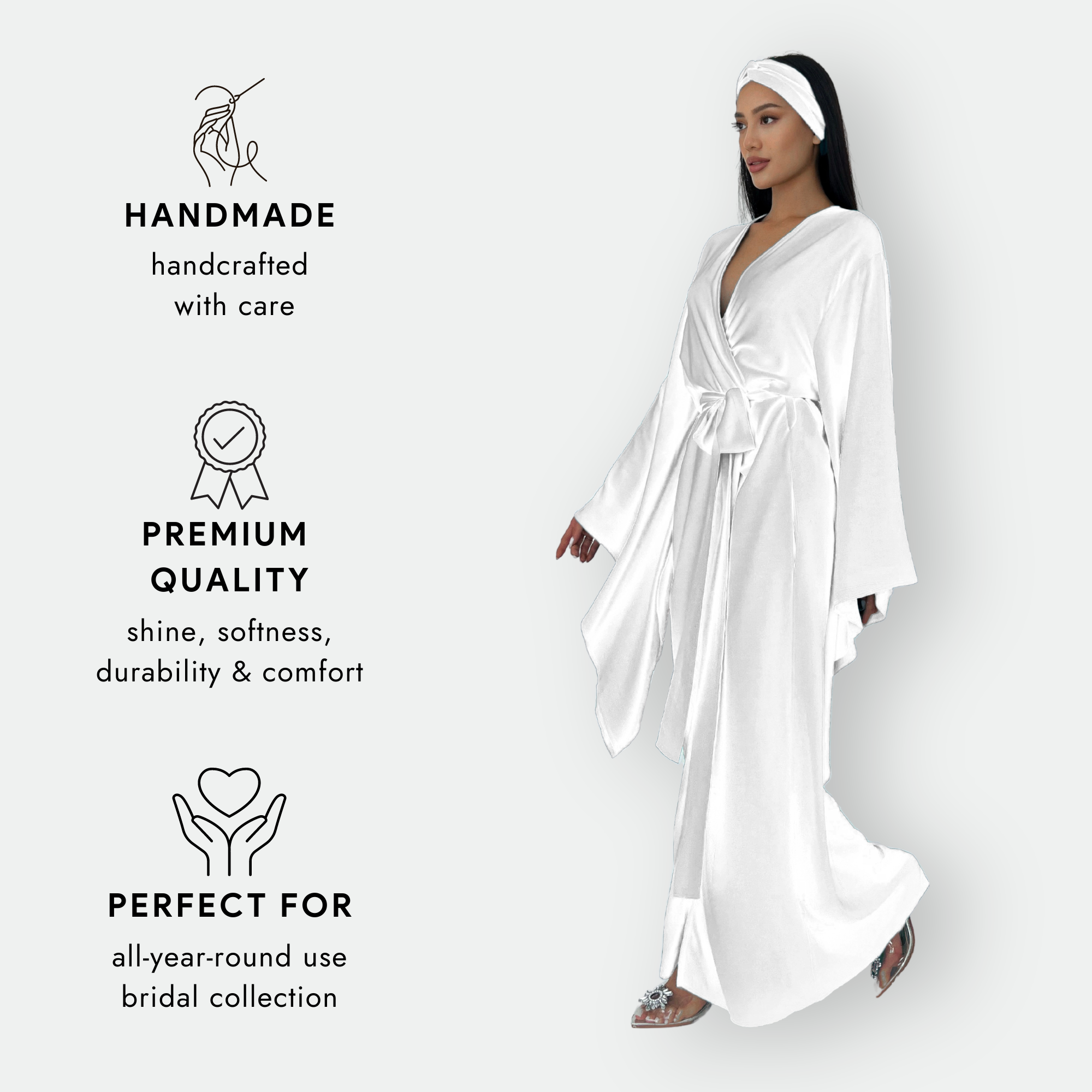 Kimono Viscose Long Robe in White with pockets and headband-2