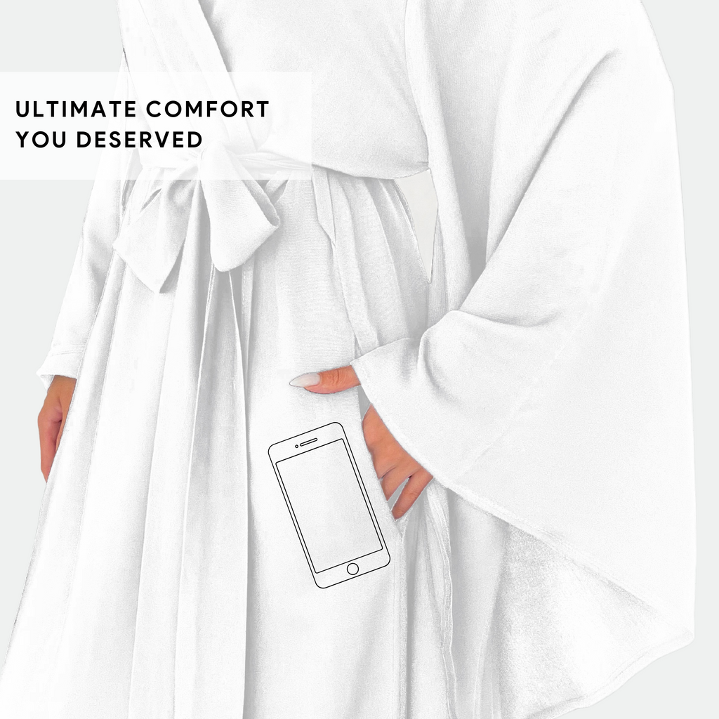 Kimono Viscose Long Robe in White with pockets and headband-3