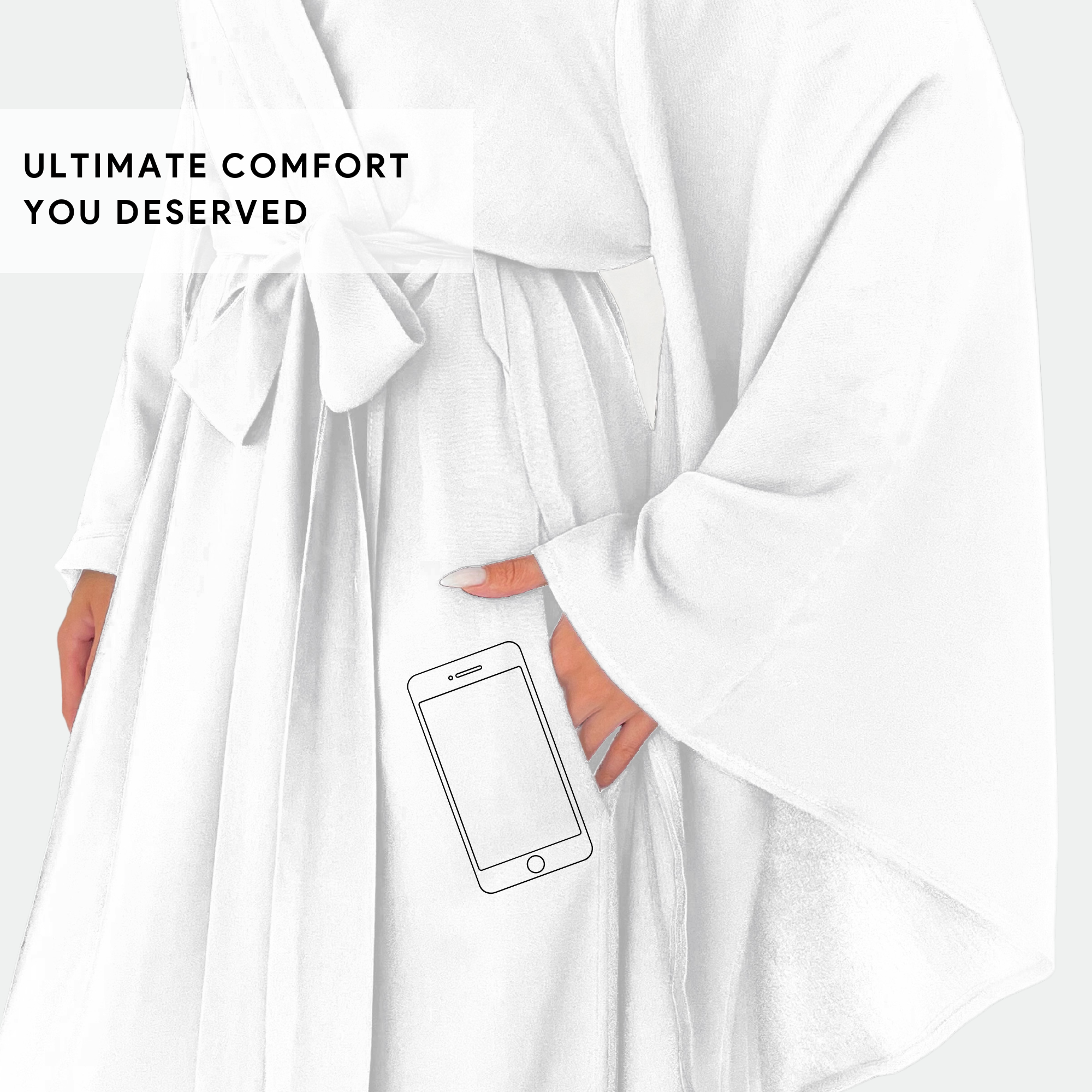 Kimono Viscose Long Robe in White with pockets and headband-3