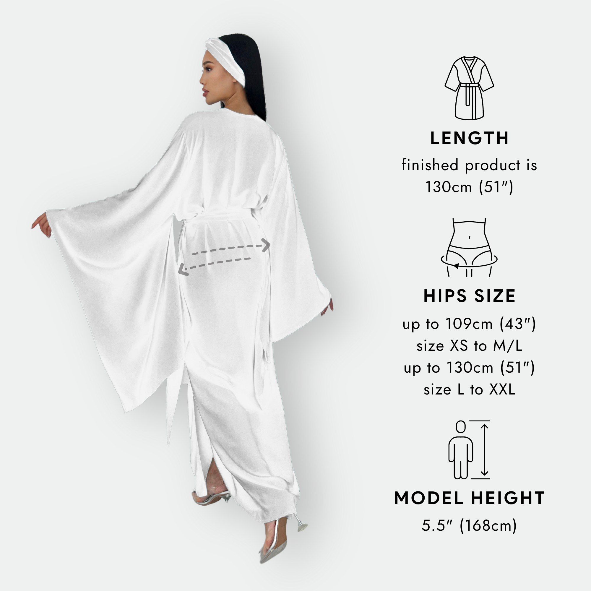 Kimono Viscose Long Robe in White with pockets and headband-4