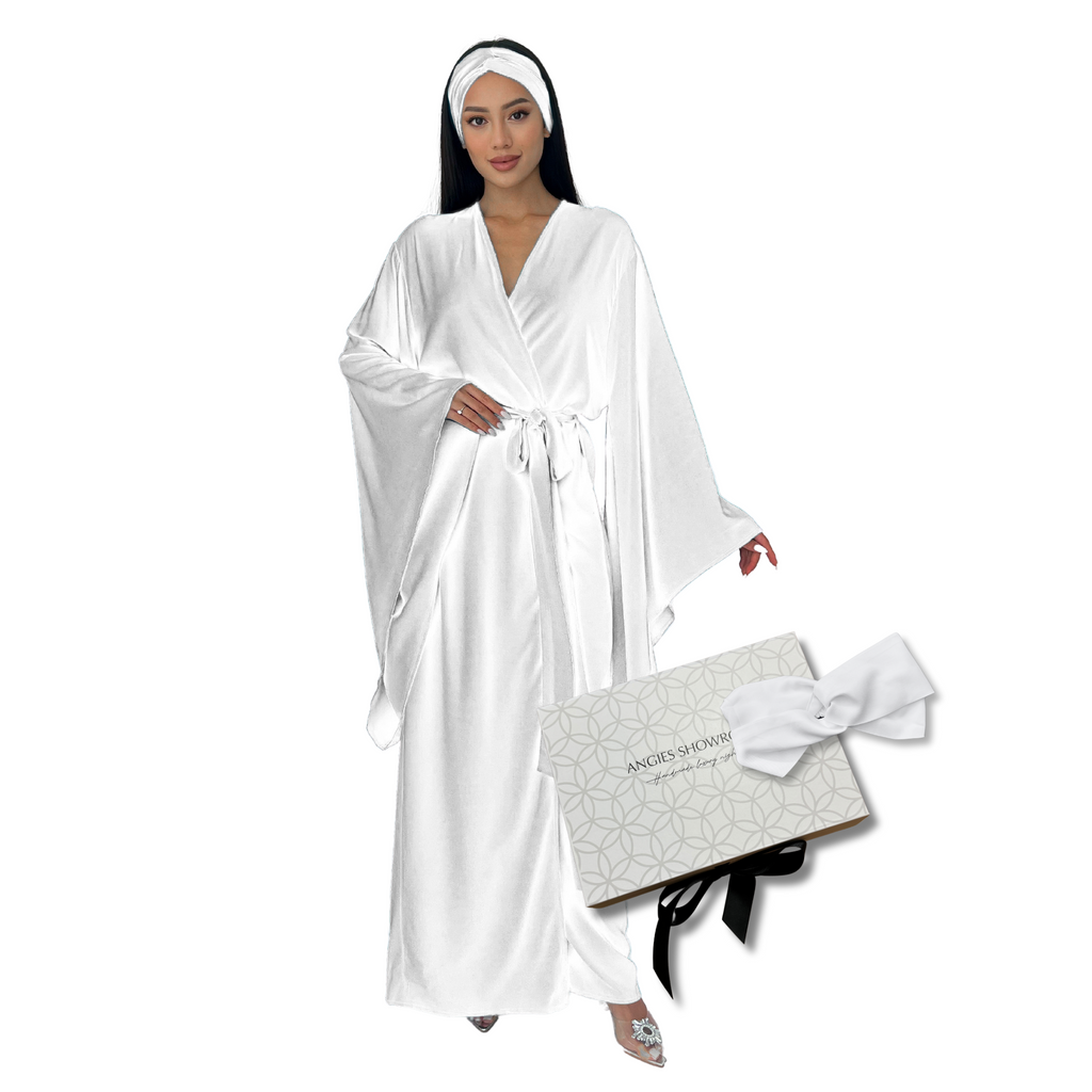 Kimono Viscose Long Robe in White with pockets and headband-0