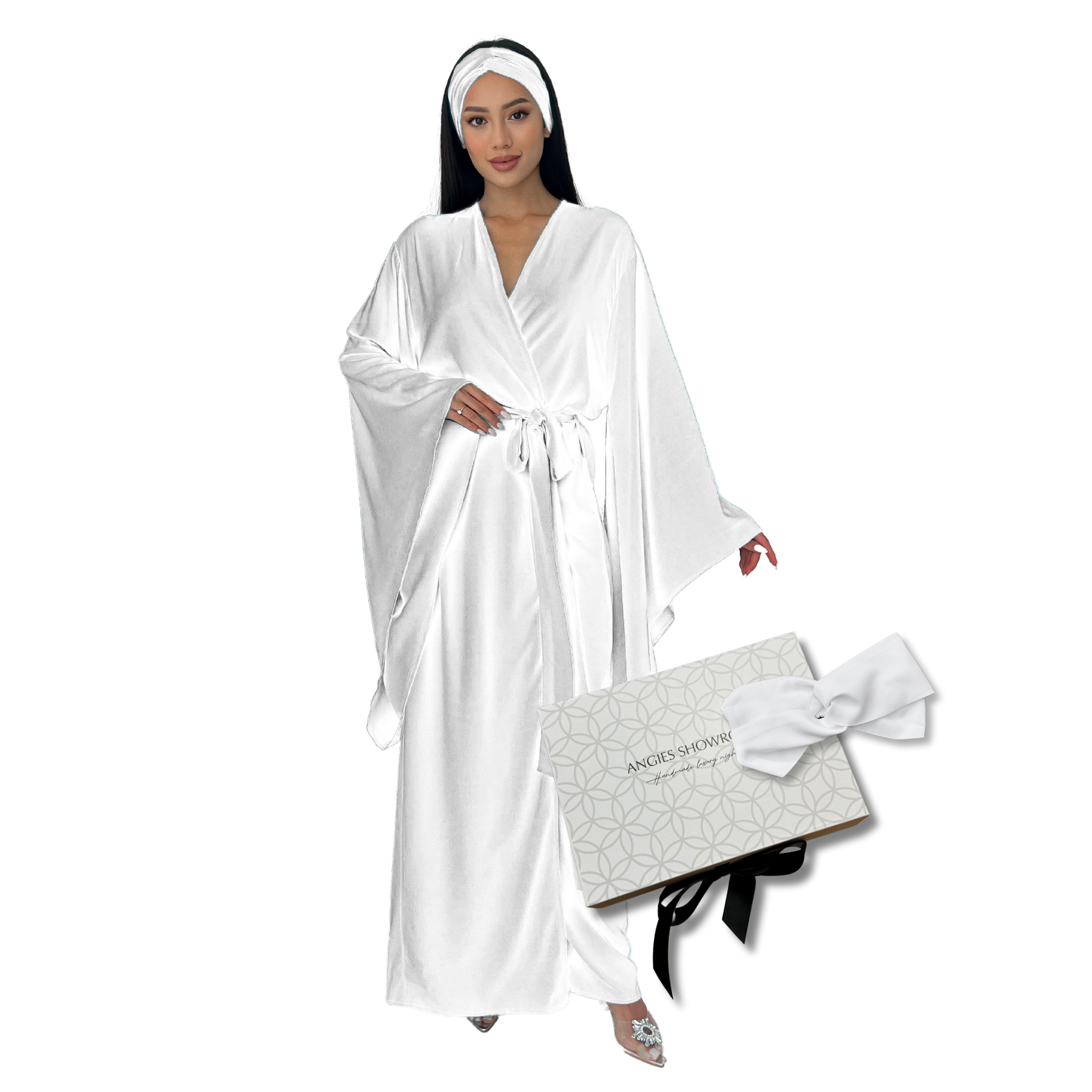 Kimono Viscose Long Robe in White with pockets and headband-0
