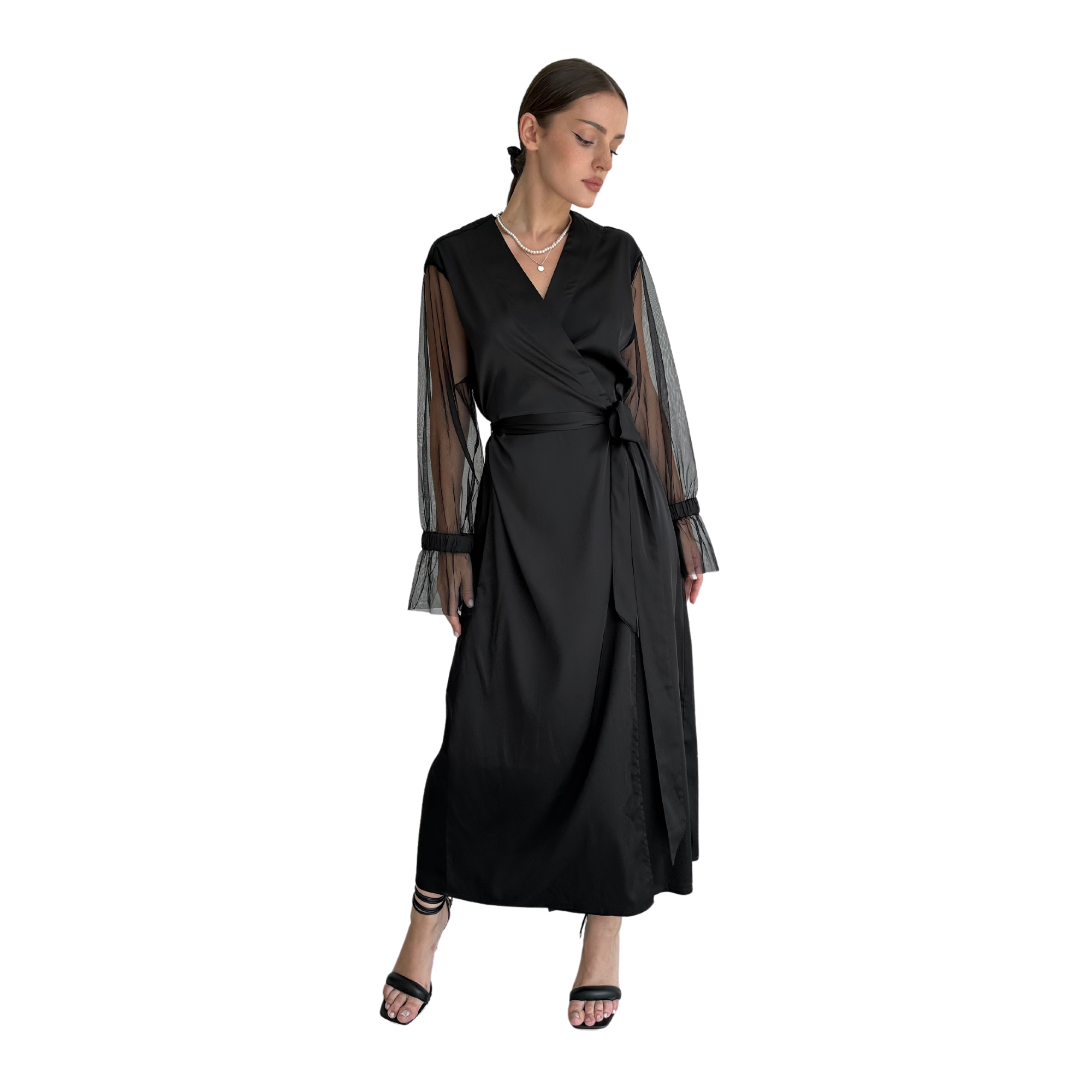 Jasmine Satin Long Robe With Mesh Sleeves-0