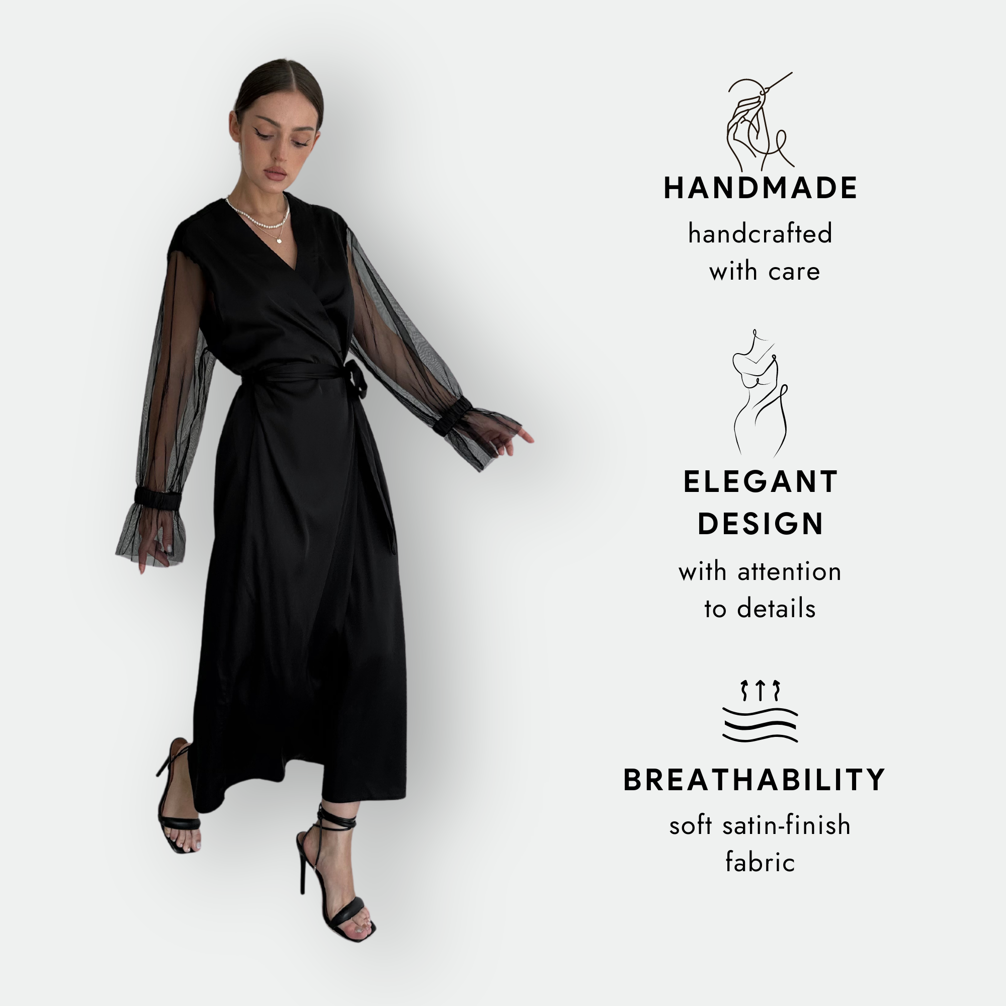 Jasmine Satin Long Robe With Mesh Sleeves-1