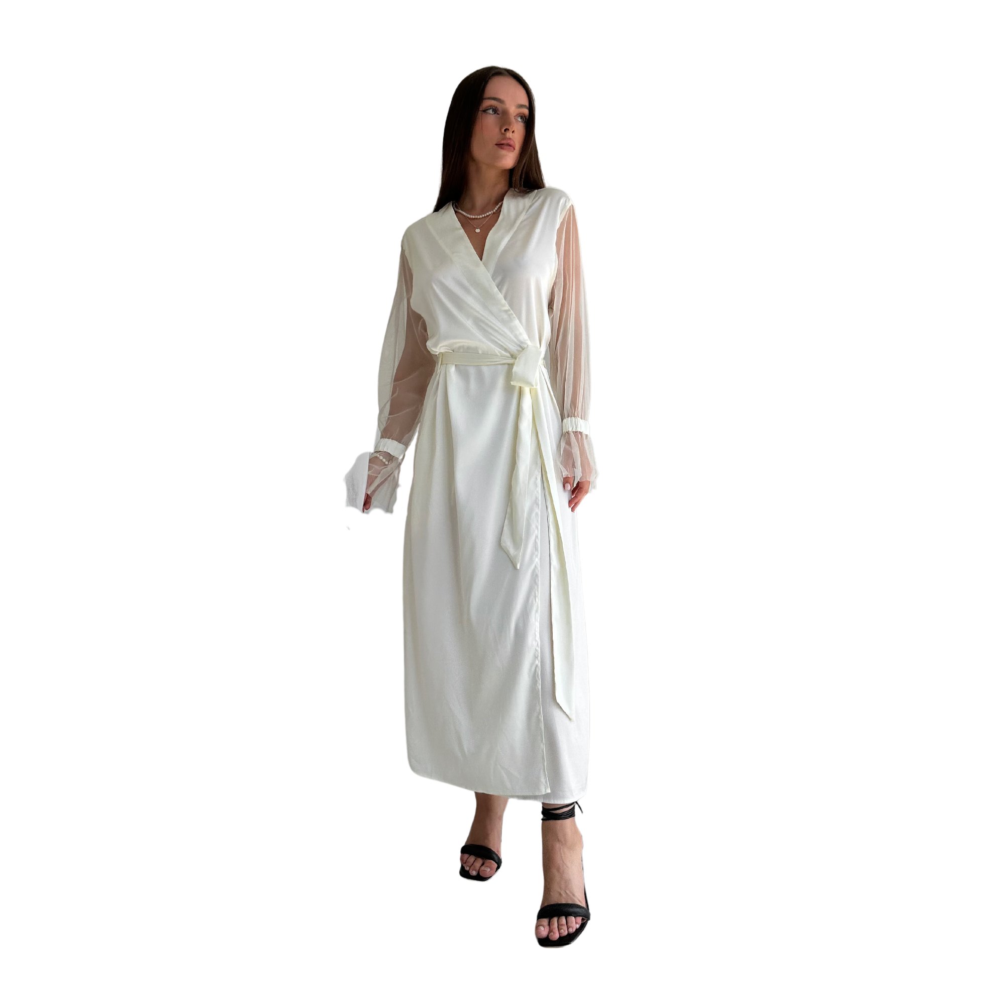 Jasmine Satin Long Robe With Mesh Sleeves-5